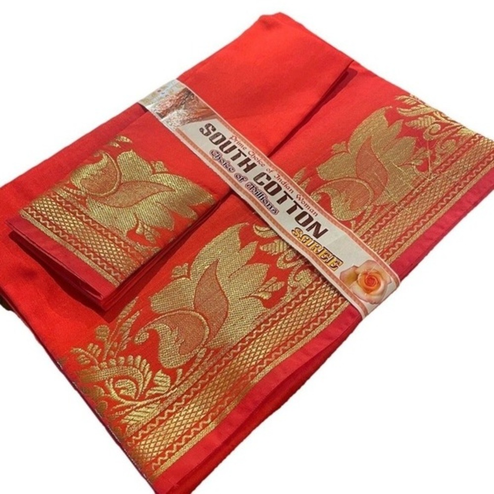 NEW Indian Womens Brocade ART/Artificial‎ Silk Sari SAREE ORANGE w/Blouse Piece